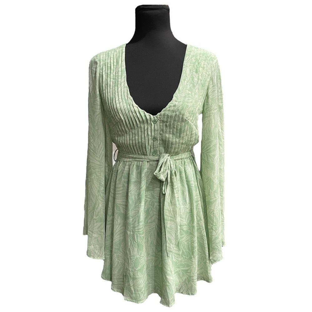 Aura Green Leaf Print Mini Dress with Bell Sleeves and Tie Waist | Size Small